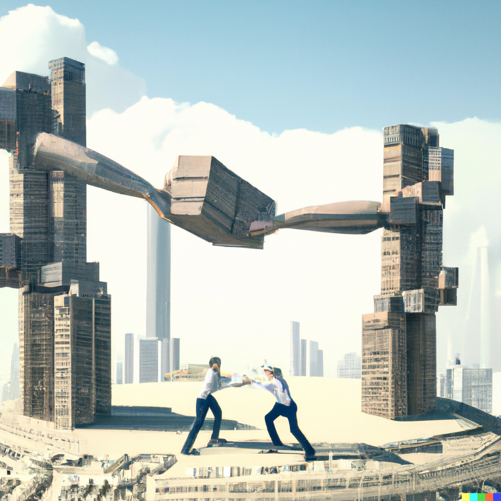 DALL·E 2023-02-28 11.39.19 - Realistic futuristic digital art of CEOs fighting to build the same thing