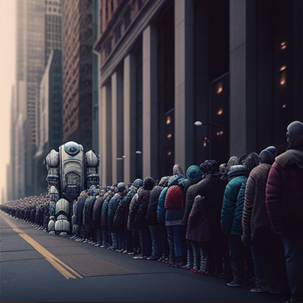 Lineups of people being organized and guided by robots